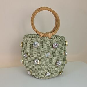 Zara Green Handbag with Rhinestone Accents and Tan Handles.  NWT
